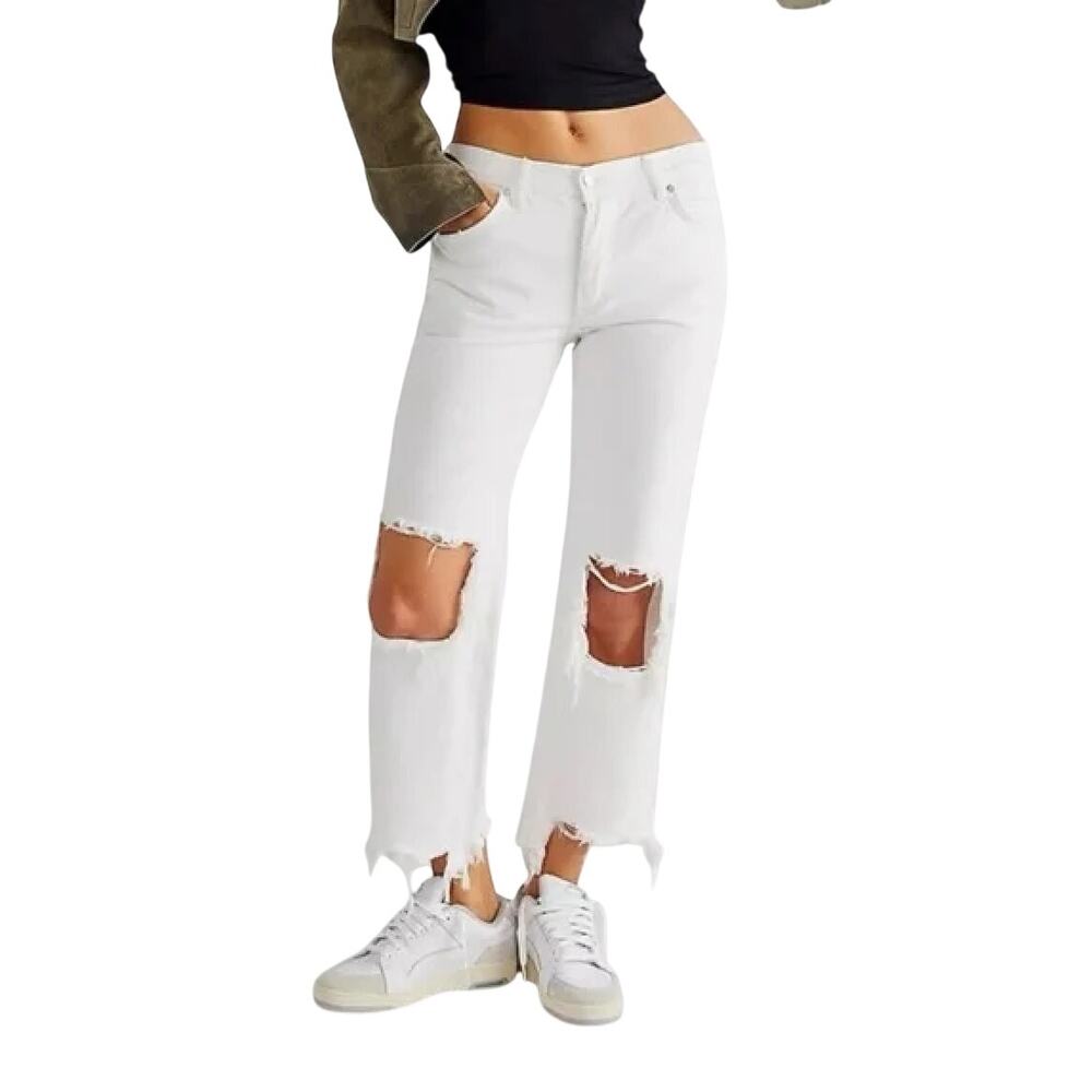 Free People We the Free Maggie Mid-Rise Straight-Leg Distressed Jeans White 27